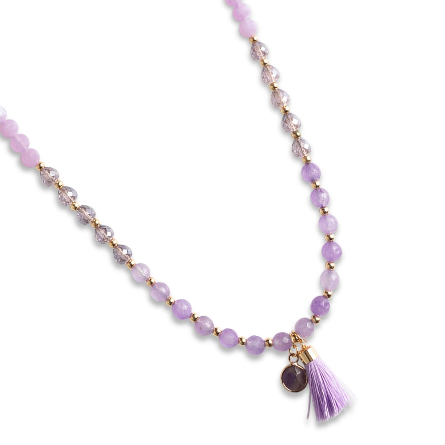 Collana lunga con pietre in acrilico e vetro, pendente a ciuffo lilla - Mya Accessories