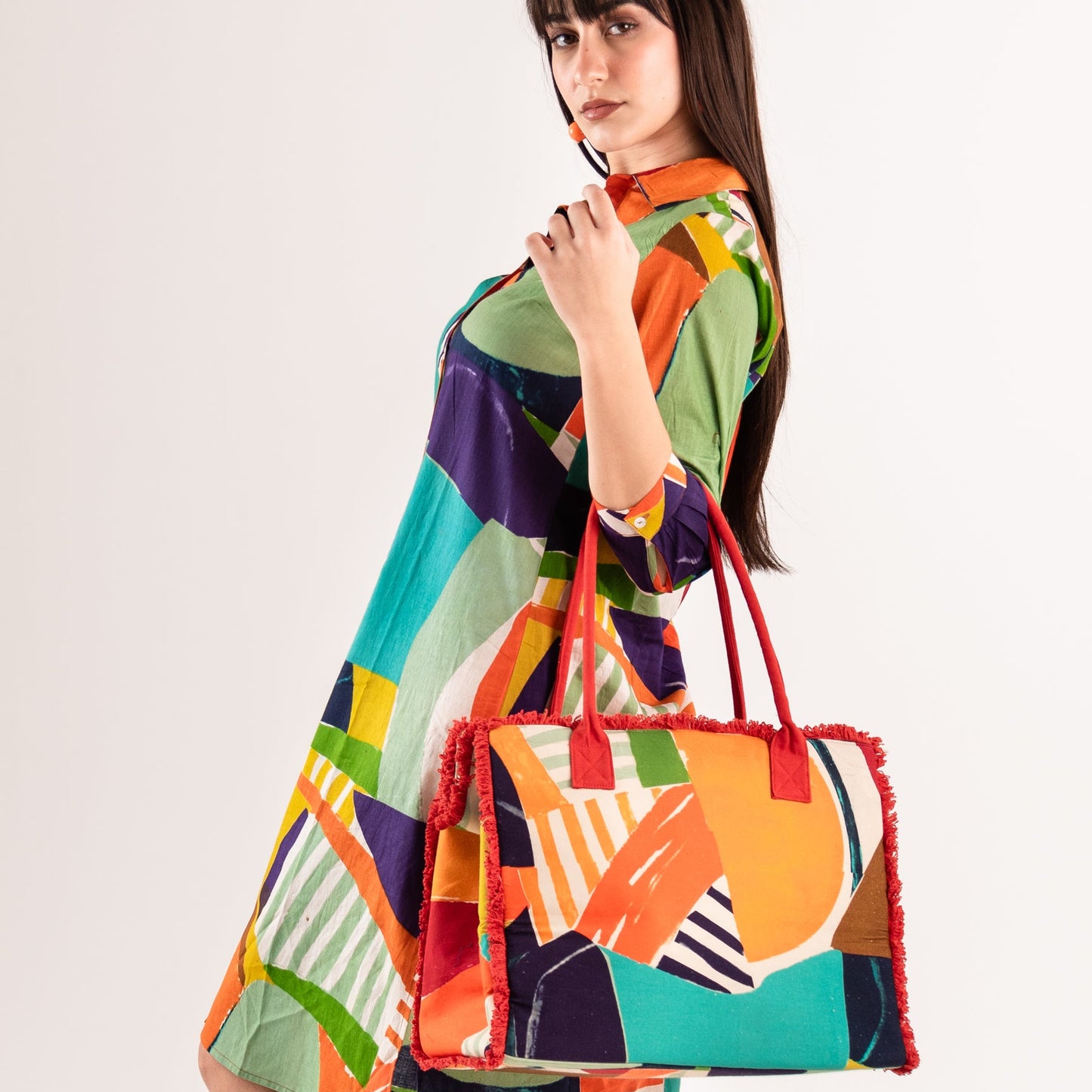 Borsa mare in cotone con stampa multicolore