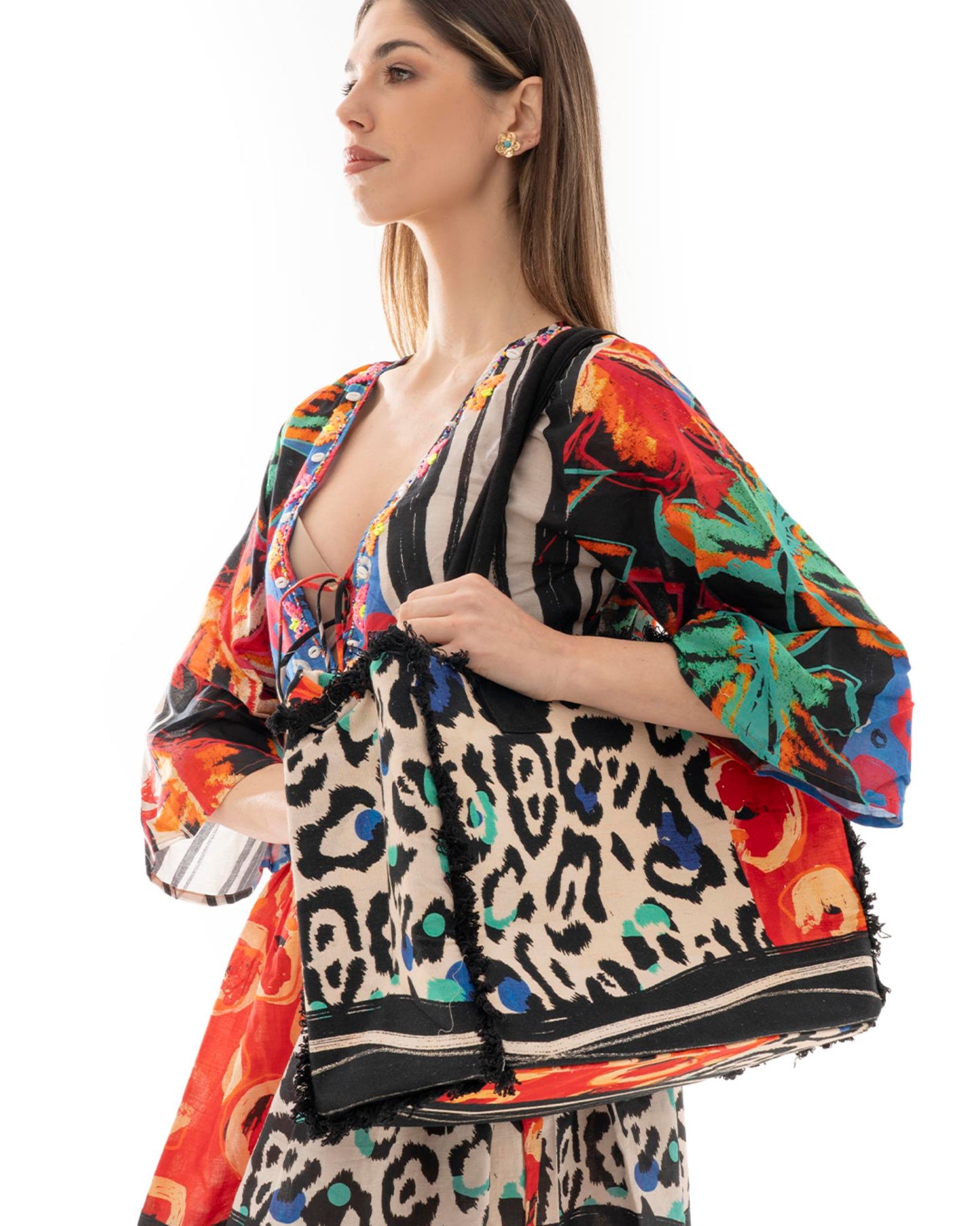 Borsa mare in cotone con stampa animalier multicolore