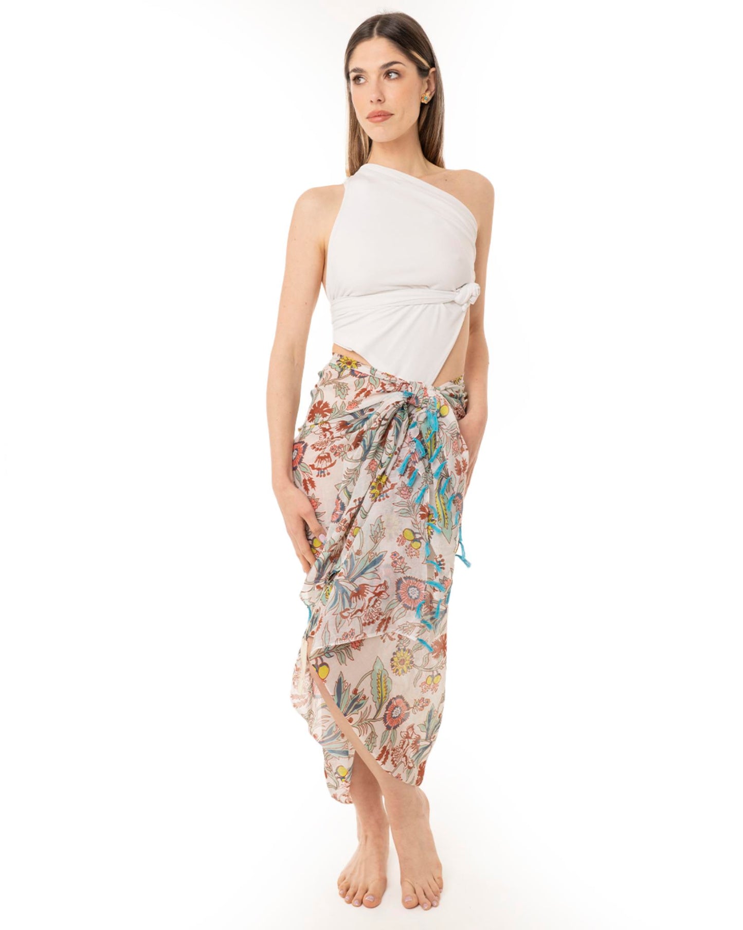 Pareo in cotone bianco con fantasia a fiore