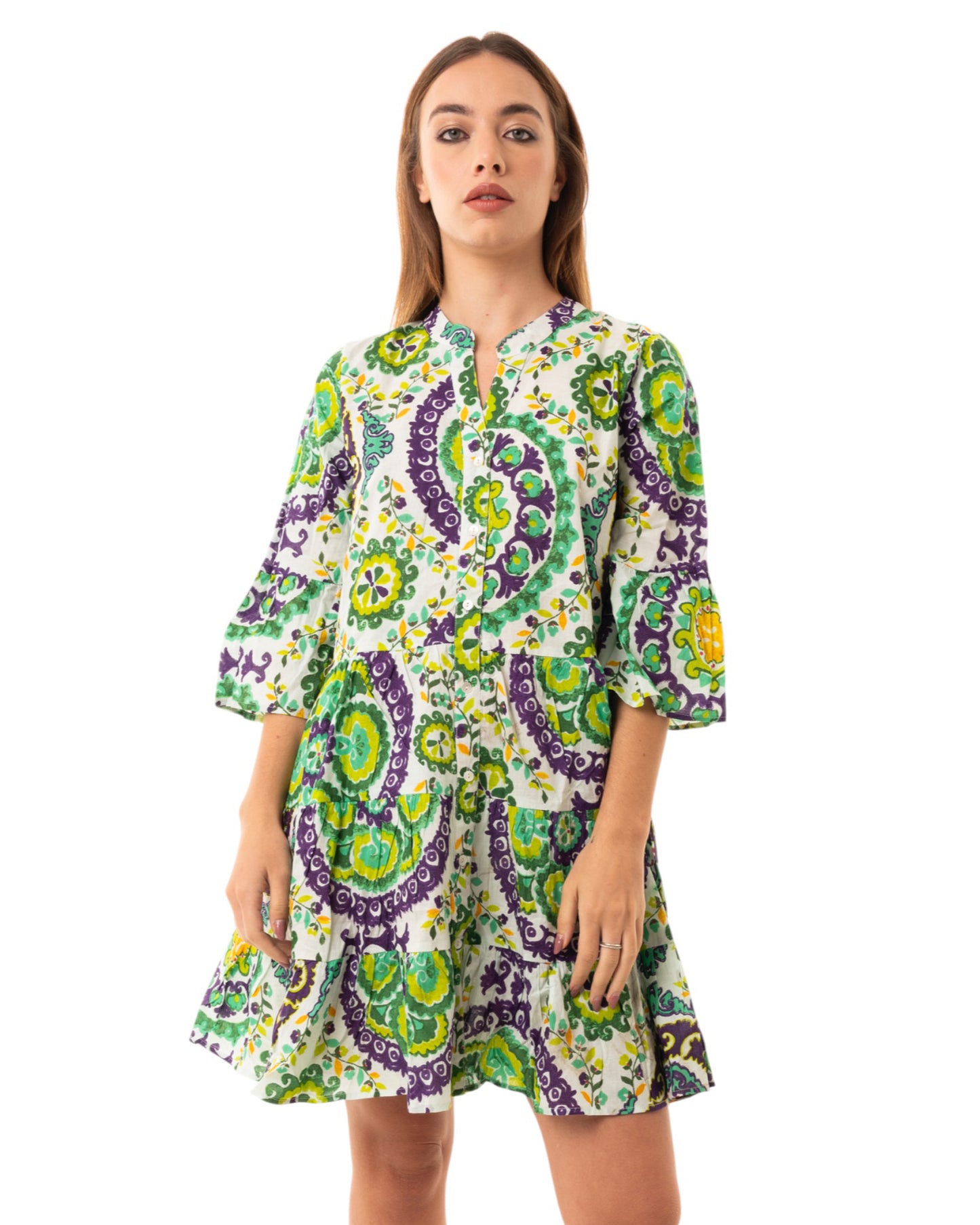 Vestito corto con stampa viola e verde