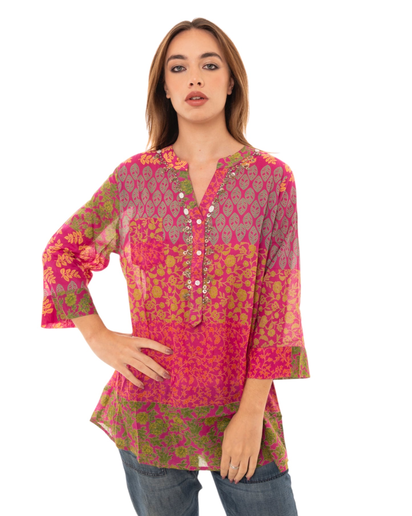 Camicia in cotone con stampa tono fucsia