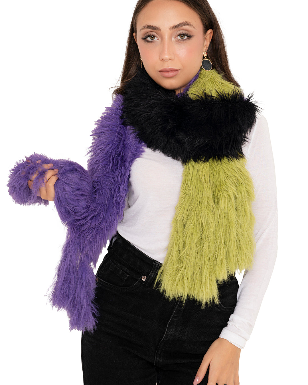 Sciarpa morbida con frange viola, nera e verde