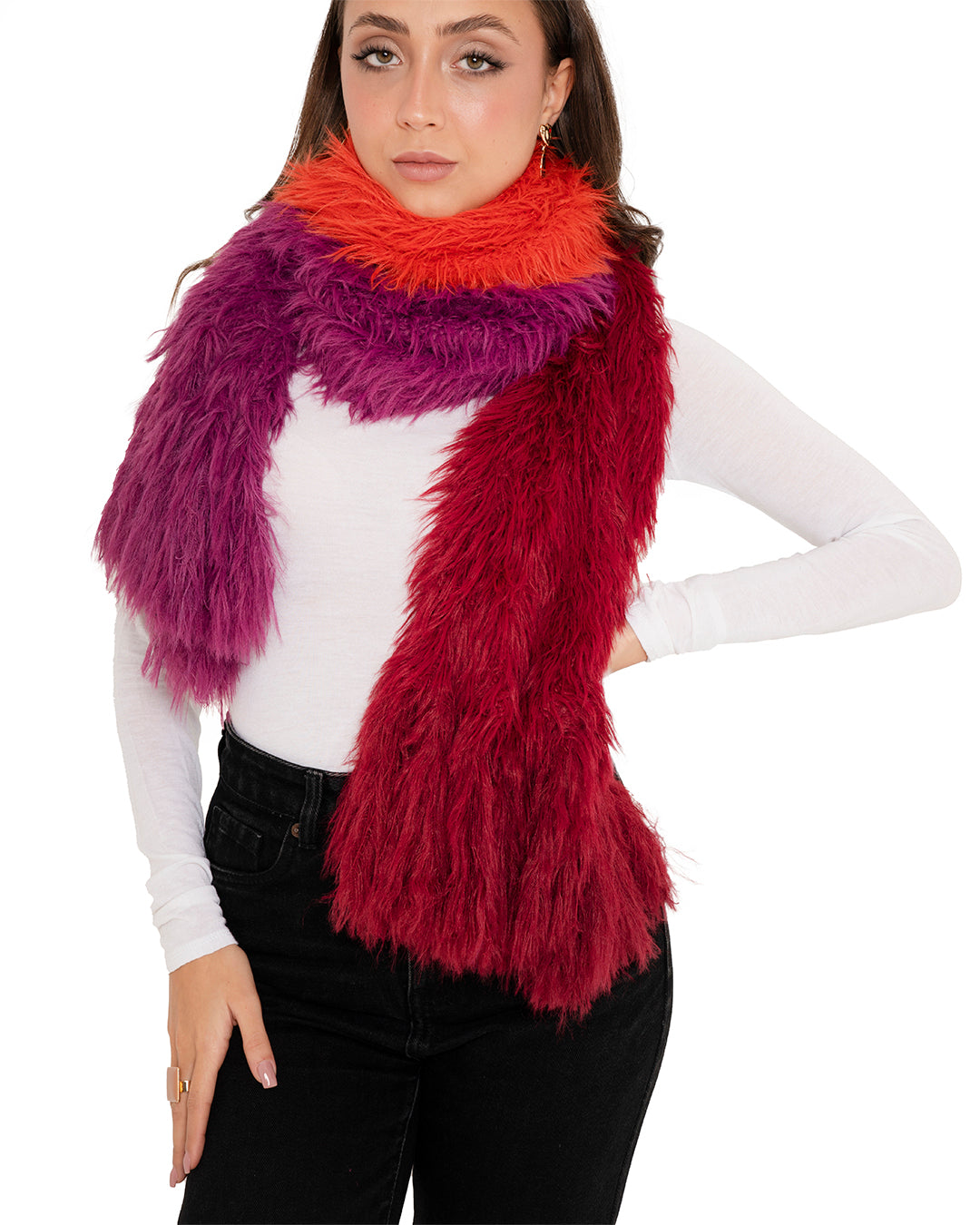Sciarpa morbida con frange fucsia, arancio e rossa
