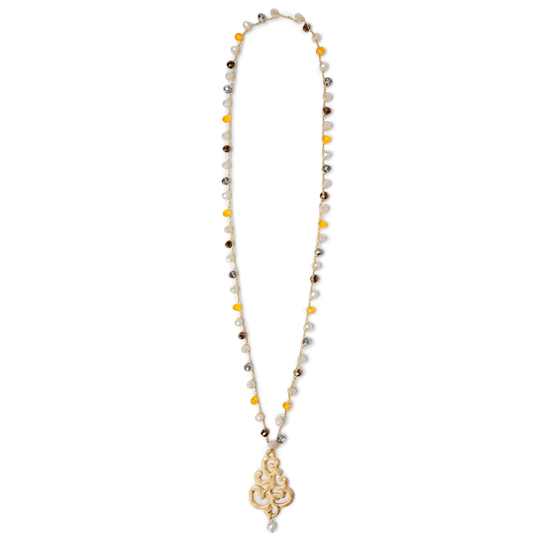 Collana lunga con microcristalli giallo e beige con pendente - Mya Accessories
