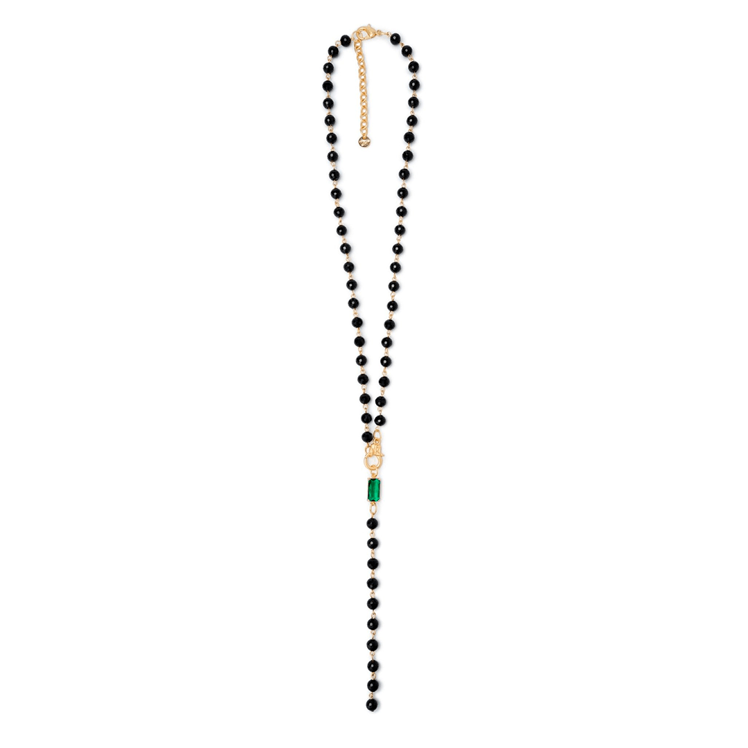 Collana lunga con sfere nere con pietra in vetro verde - Mya Accessories