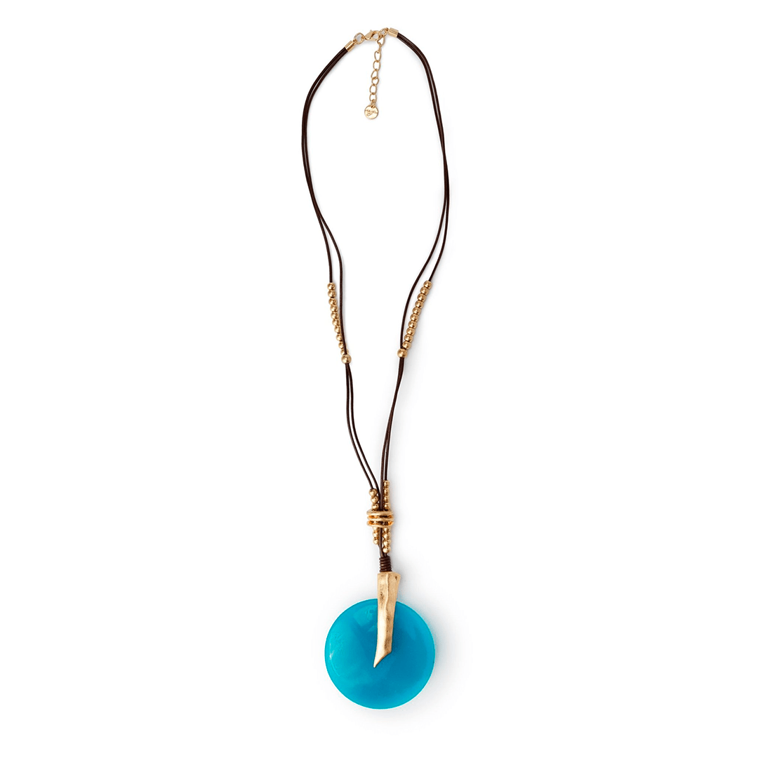 Collana lunga con laccio marrone, pendente circolare in resina ottanio - Mya Accessories