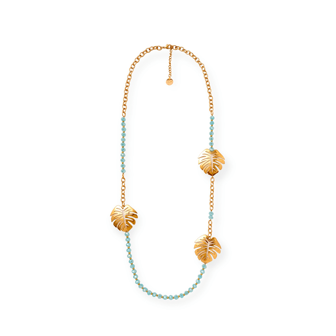 Collana lunga con foglie in metallo e microcristalli azzurri - Mya Accessories