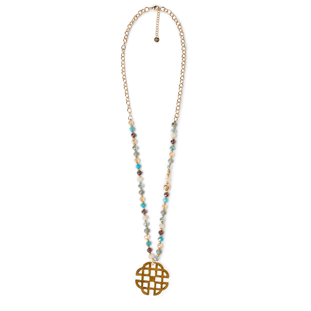Collana lunga con microcristalli blu con pendente a griglia - Mya Accessories