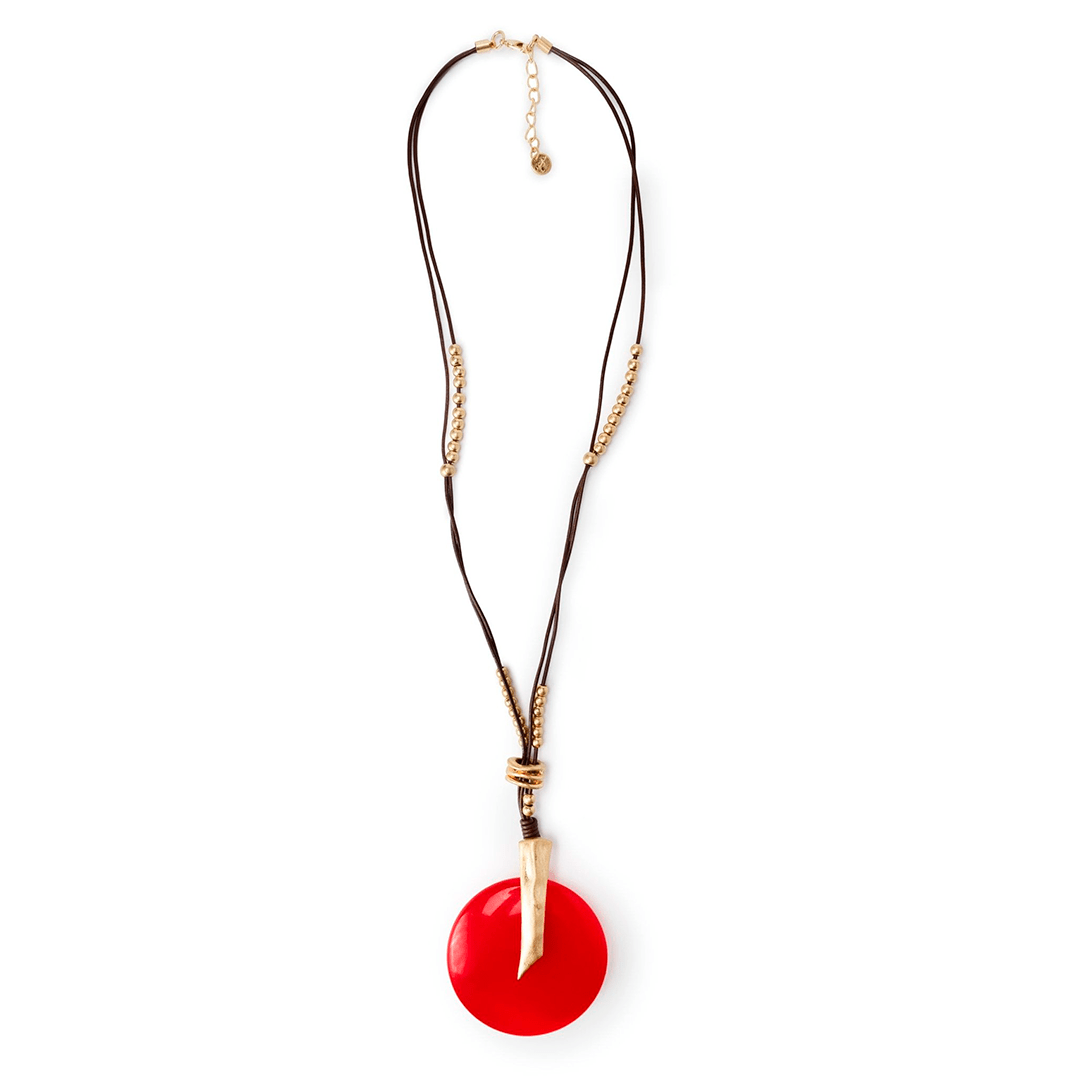 Collana lunga con laccio nero, pendente circolare in resina rosso - Mya Accessories