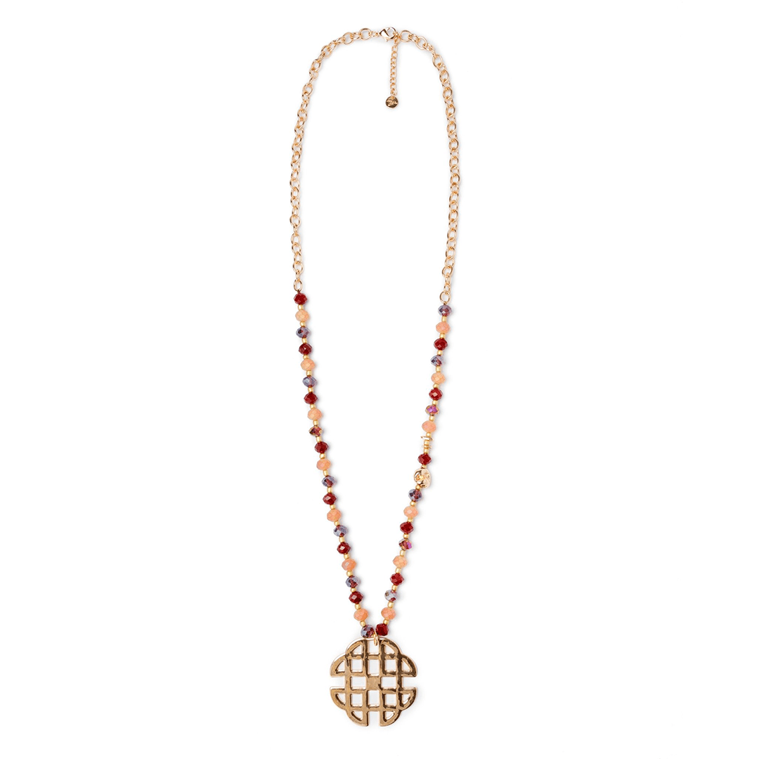 Collana lunga con microcristalli rosa e rossi con pendente a griglia - Mya Accessories