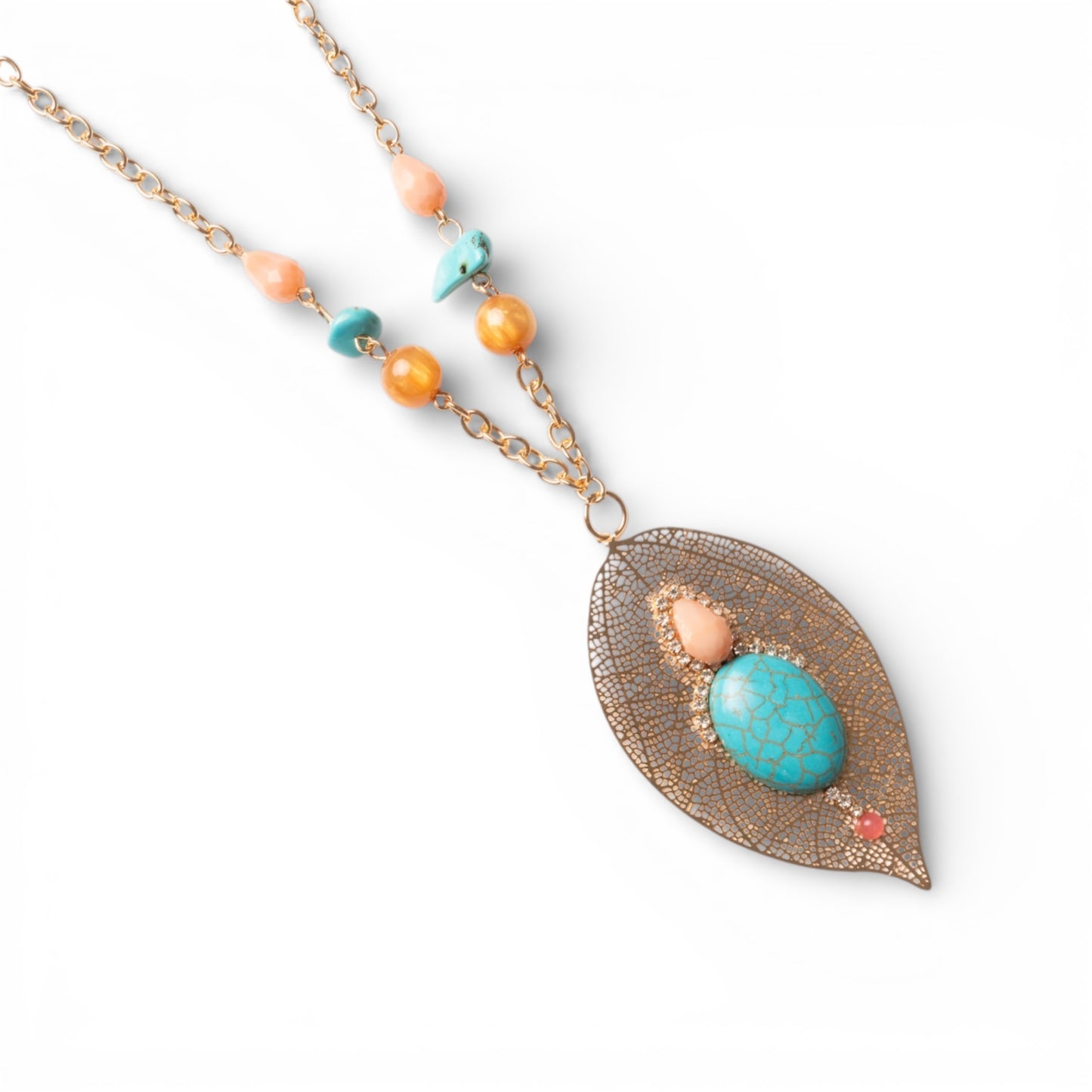 Collana lunga con catena sottile a due fili, pendente a foglia