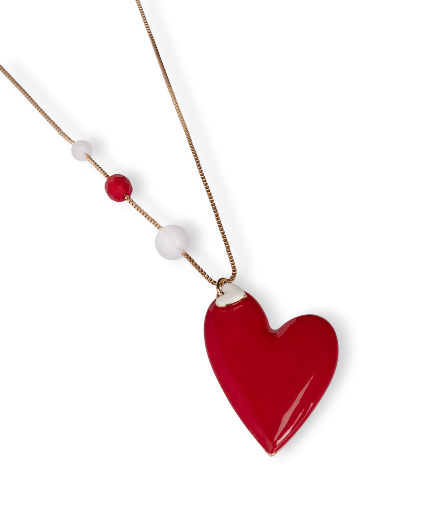 Collana lunga con pietre dure e pendente a cuore smaltato rosso