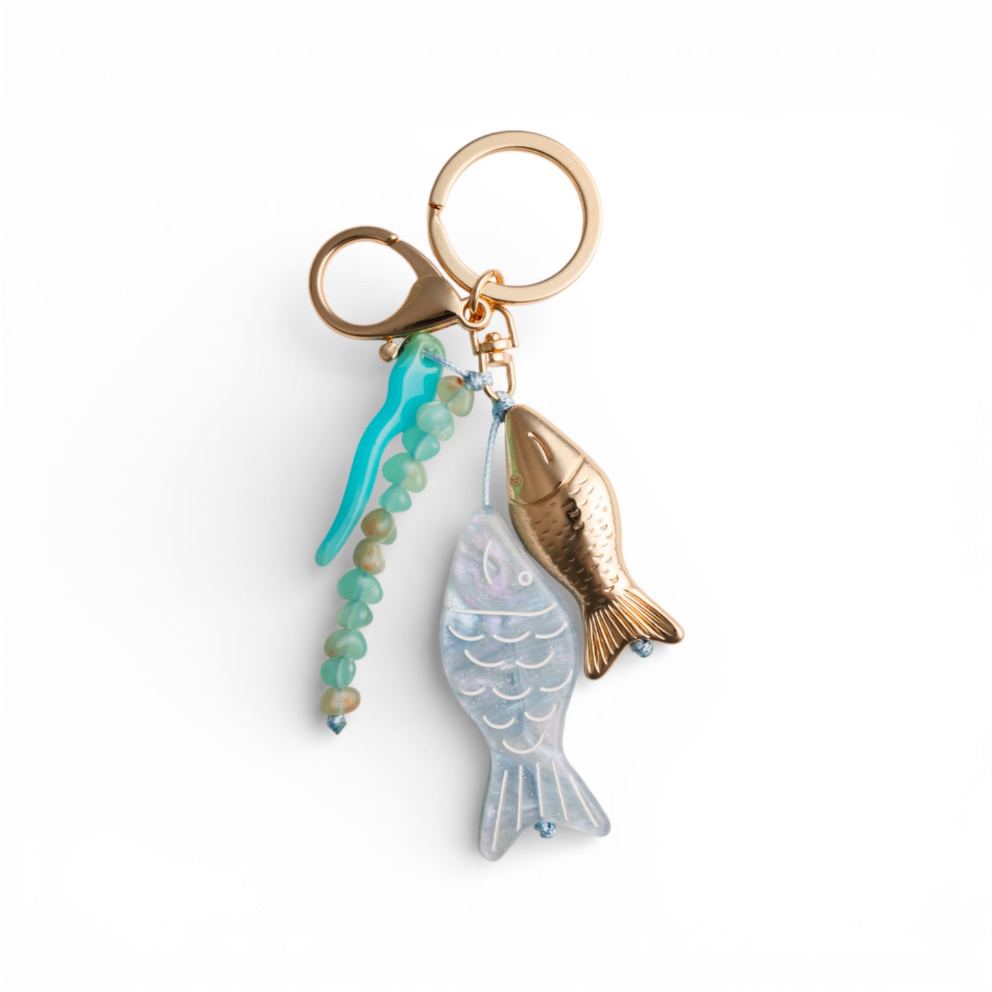 Portachiavi con elementi marini tono azzurro in metallo ed acrilico