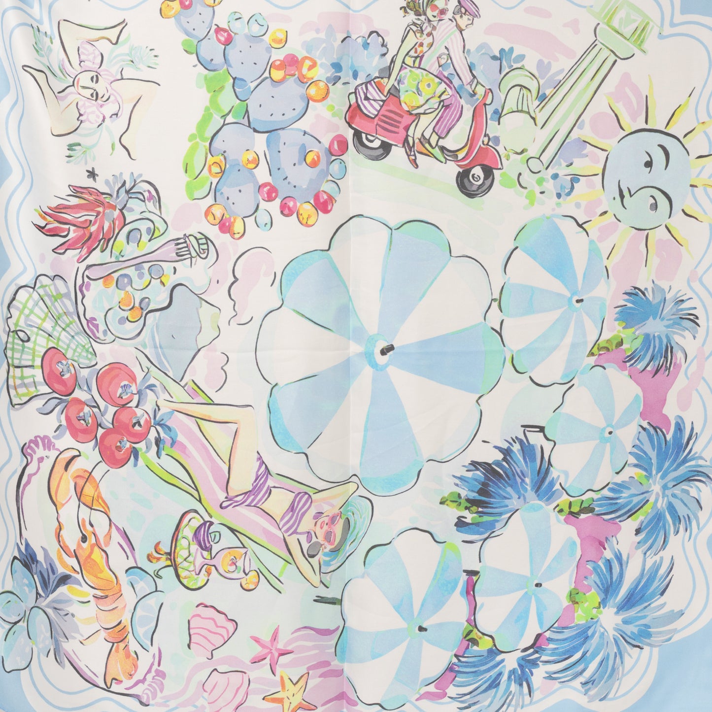 Foulard in seta con motivo estivo tono azzurro