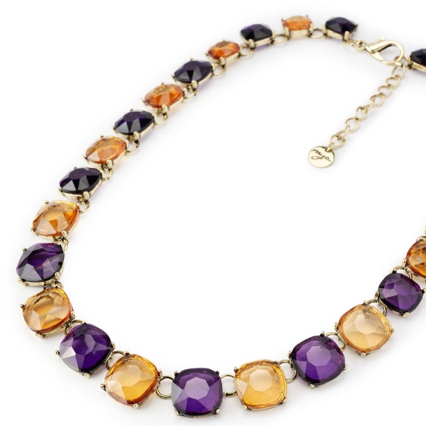 Girocollo in metallo colore bronzo, con pietre in resina trasparenti viola e arancio - Mya Accessories