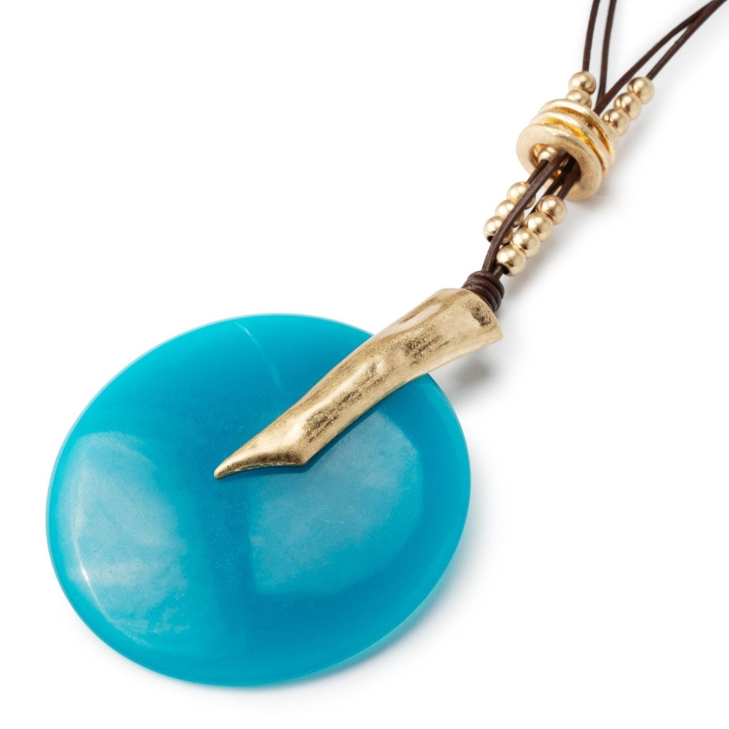 Collana lunga con laccio marrone, pendente circolare in resina ottanio - Mya Accessories
