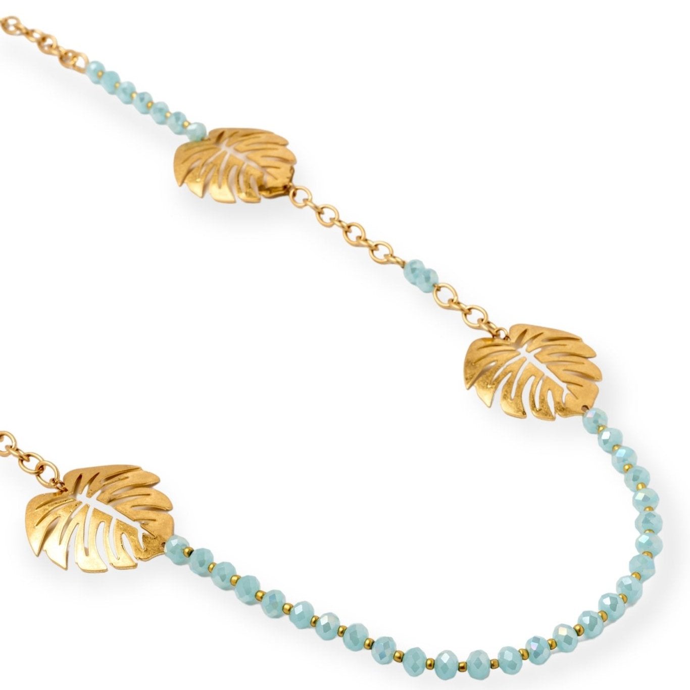 collana-lunga-foglie-metallo-microcristalli-azzurri-2-Mya Accessories