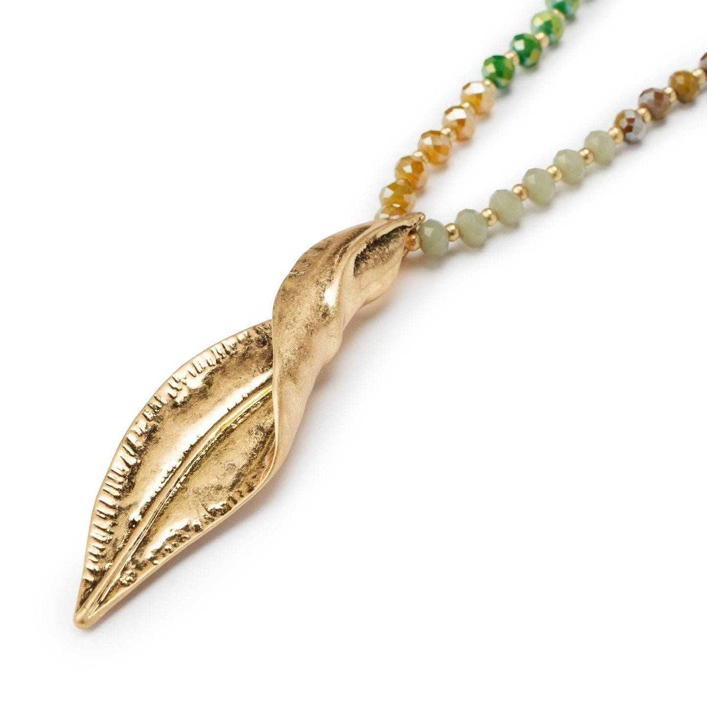 Collana lunga con microcristalli gialli e verdi con pendente a foglia - Mya Accessories