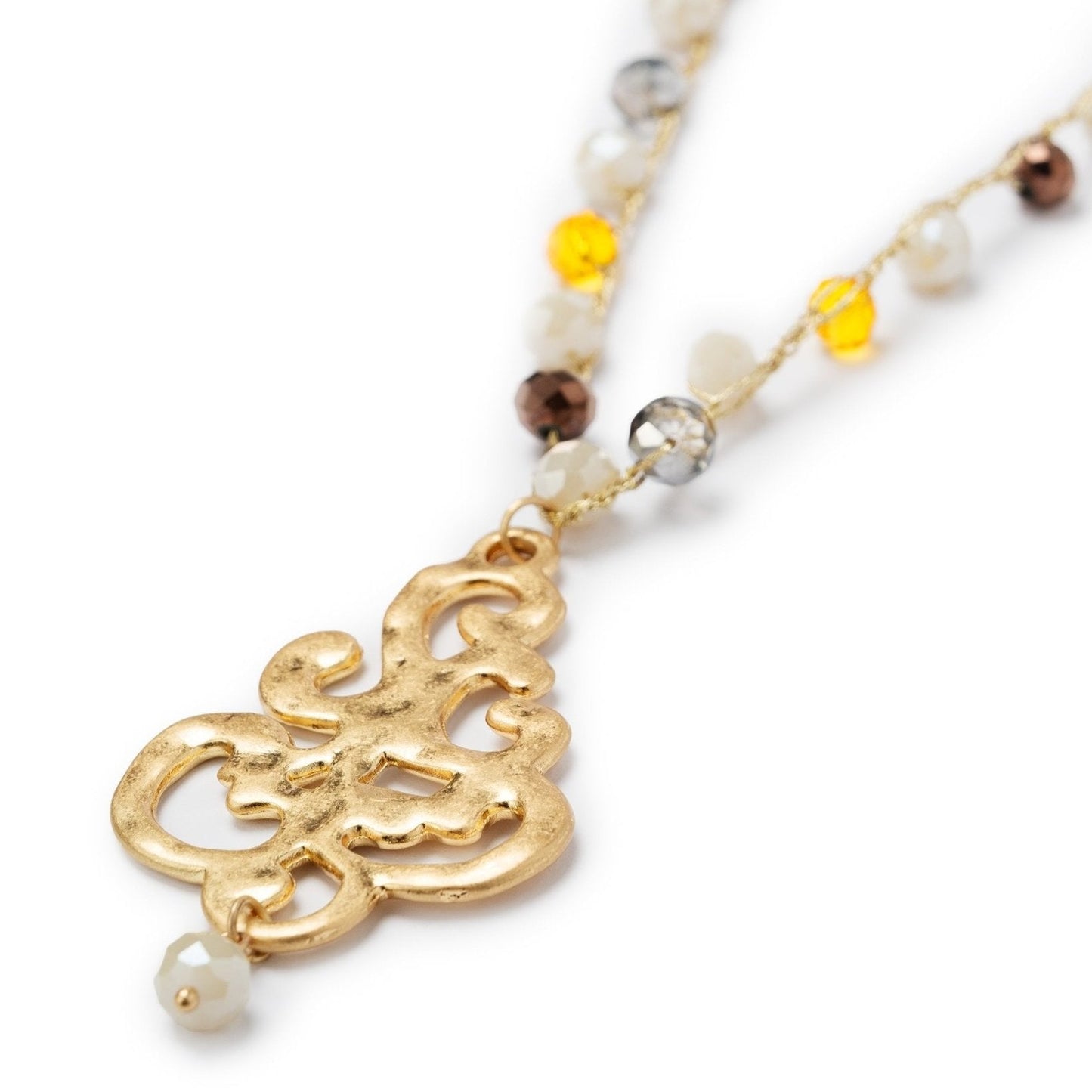 Collana lunga con microcristalli giallo e beige con pendente - Mya Accessories