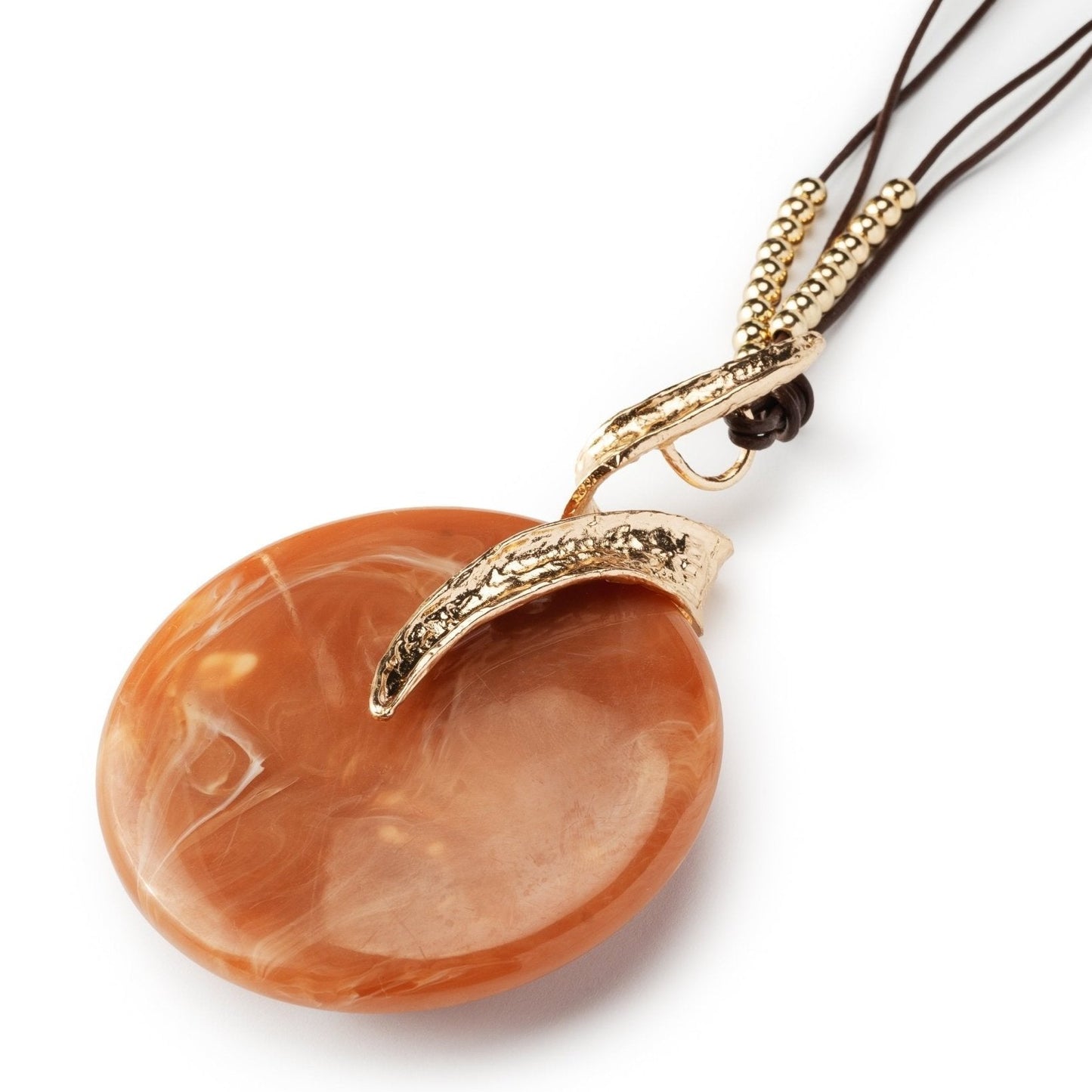 Collana lunga con laccio nero, pendente circolare in resina beige - Mya Accessories