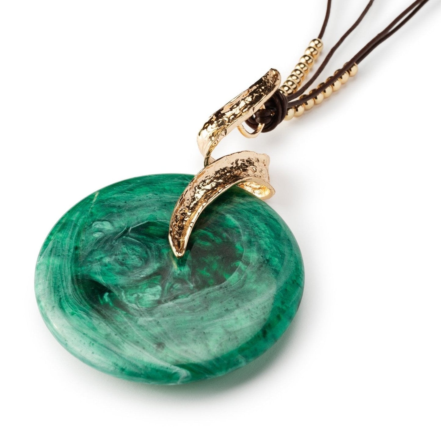 Collana lunga con laccio nero, pendente circolare in resina verde - Mya Accessories