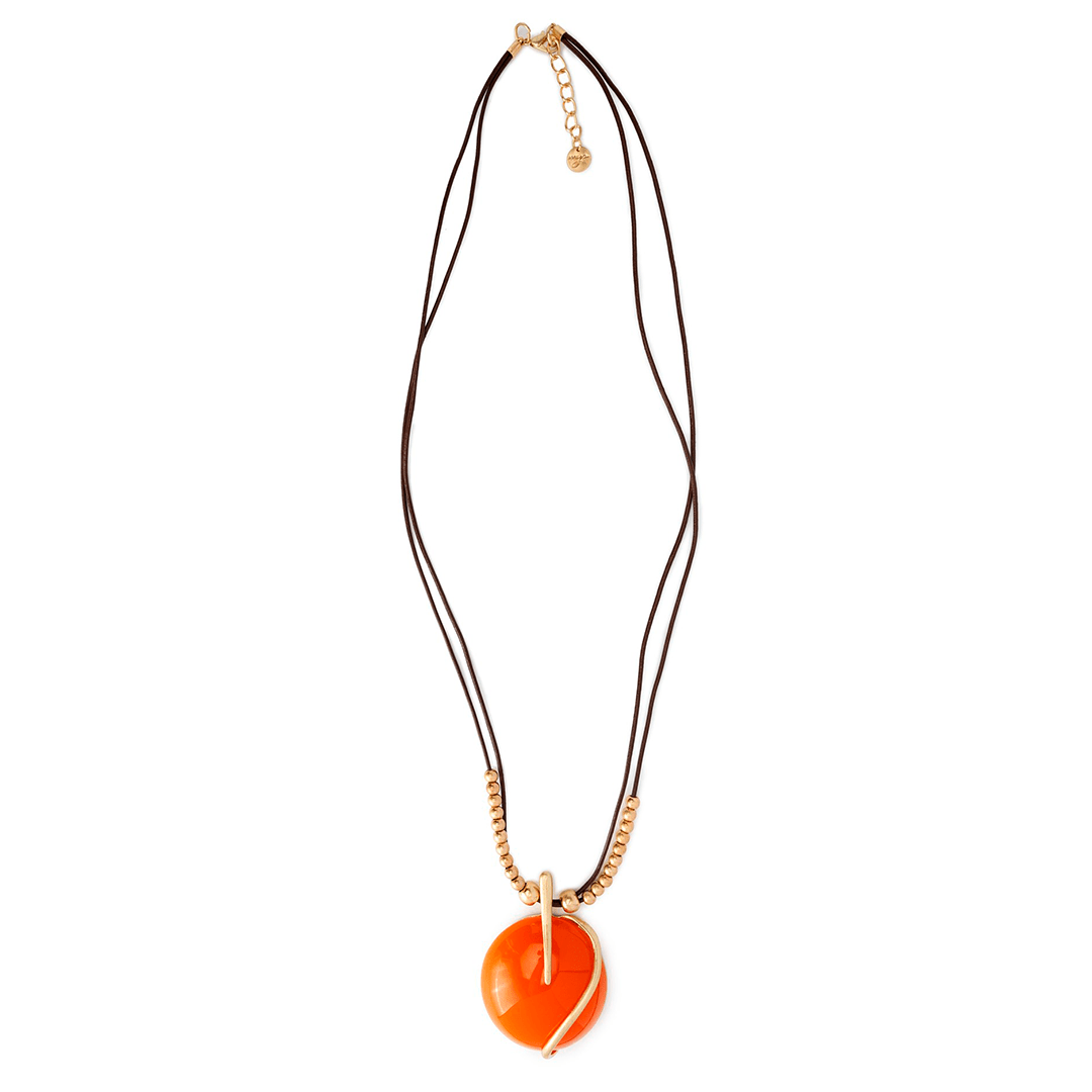 Collana lunga con laccio nero, pendente circolare in resina arancio - Mya Accessories