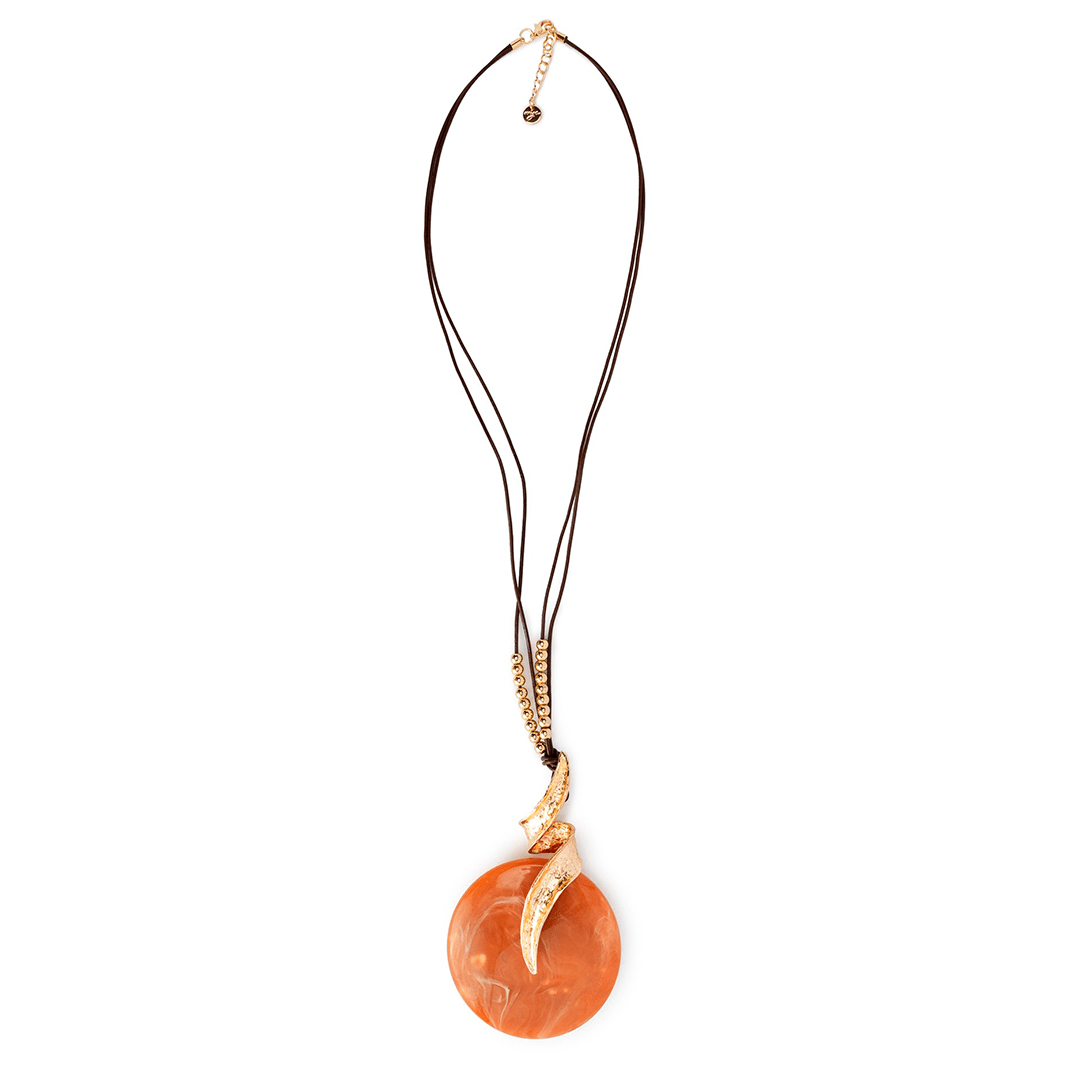 Collana lunga con laccio nero, pendente circolare in resina beige - Mya Accessories