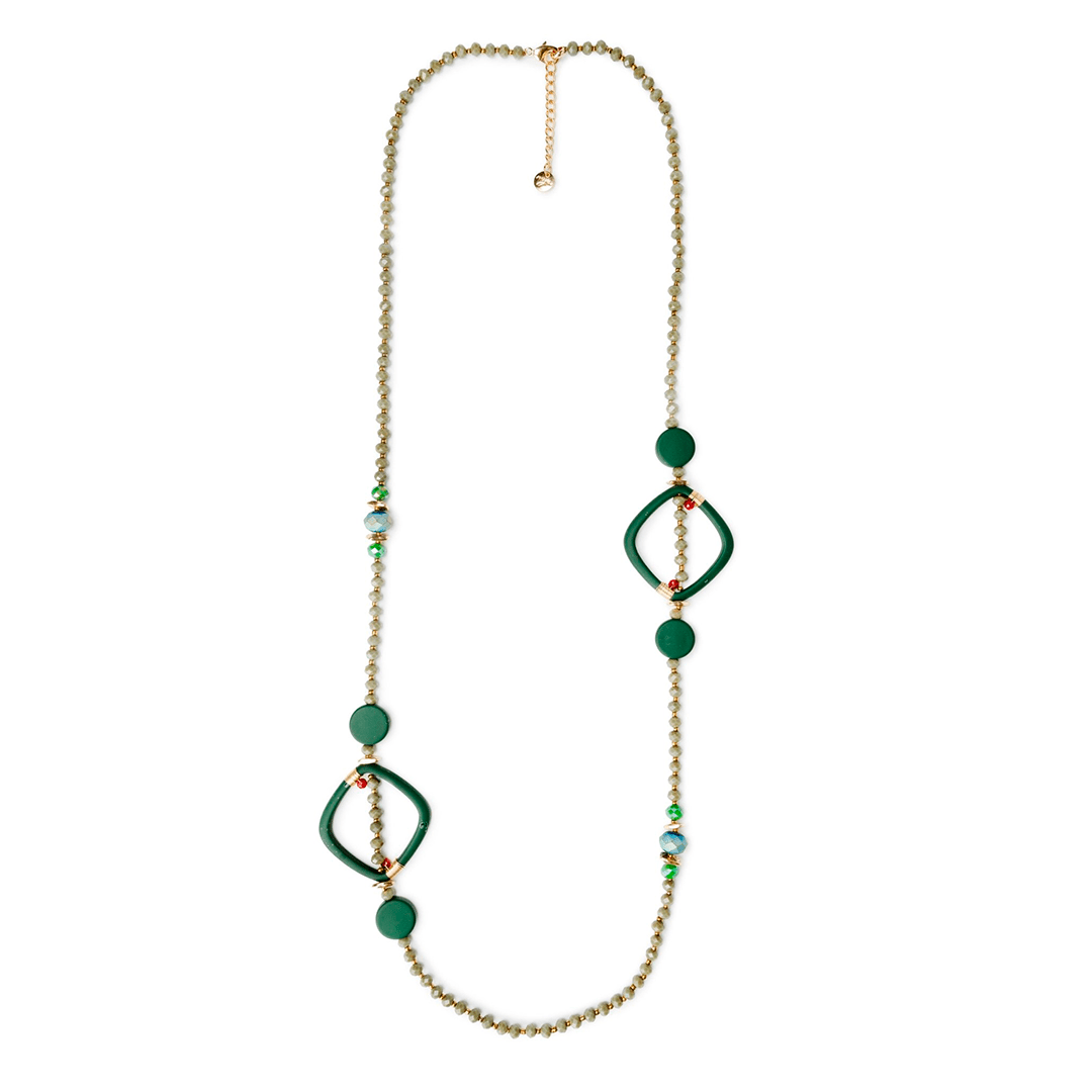 Collana lunga con microcristalli, inserti rombi verdi - Mya Accessories