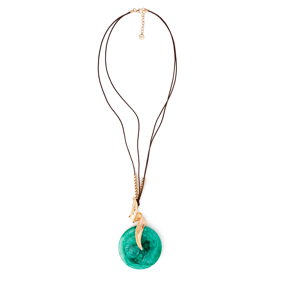 Collana lunga con laccio nero, pendente circolare in resina verde - Mya Accessories