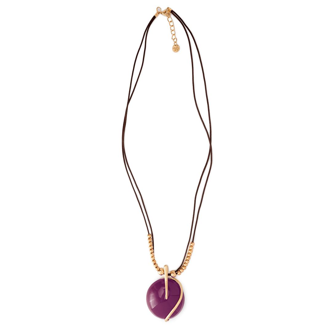 Collana lunga con laccio nero, pendente circolare in resina viola - Mya Accessories
