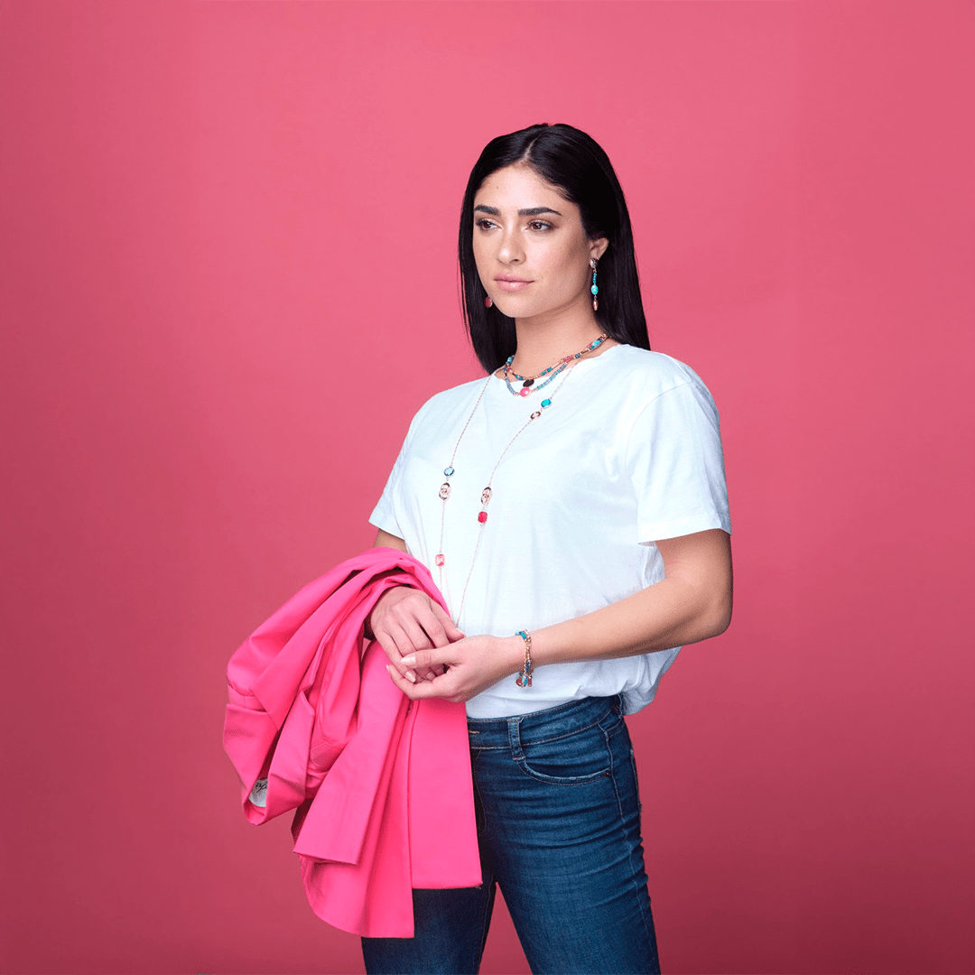 Orecchino pendente con microcristalli verdi e magenta - Mya Accessories