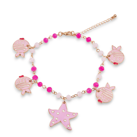 Bracciale con Charm Stella Marina e Pesce Palla in Metallo Oro e Vetro Bianco e Rosa - Mya Accessories