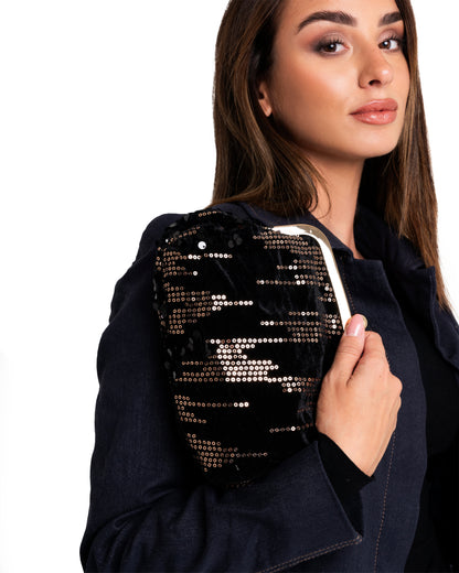 Borsa pochette in velluto nero con paillette nere ed oro