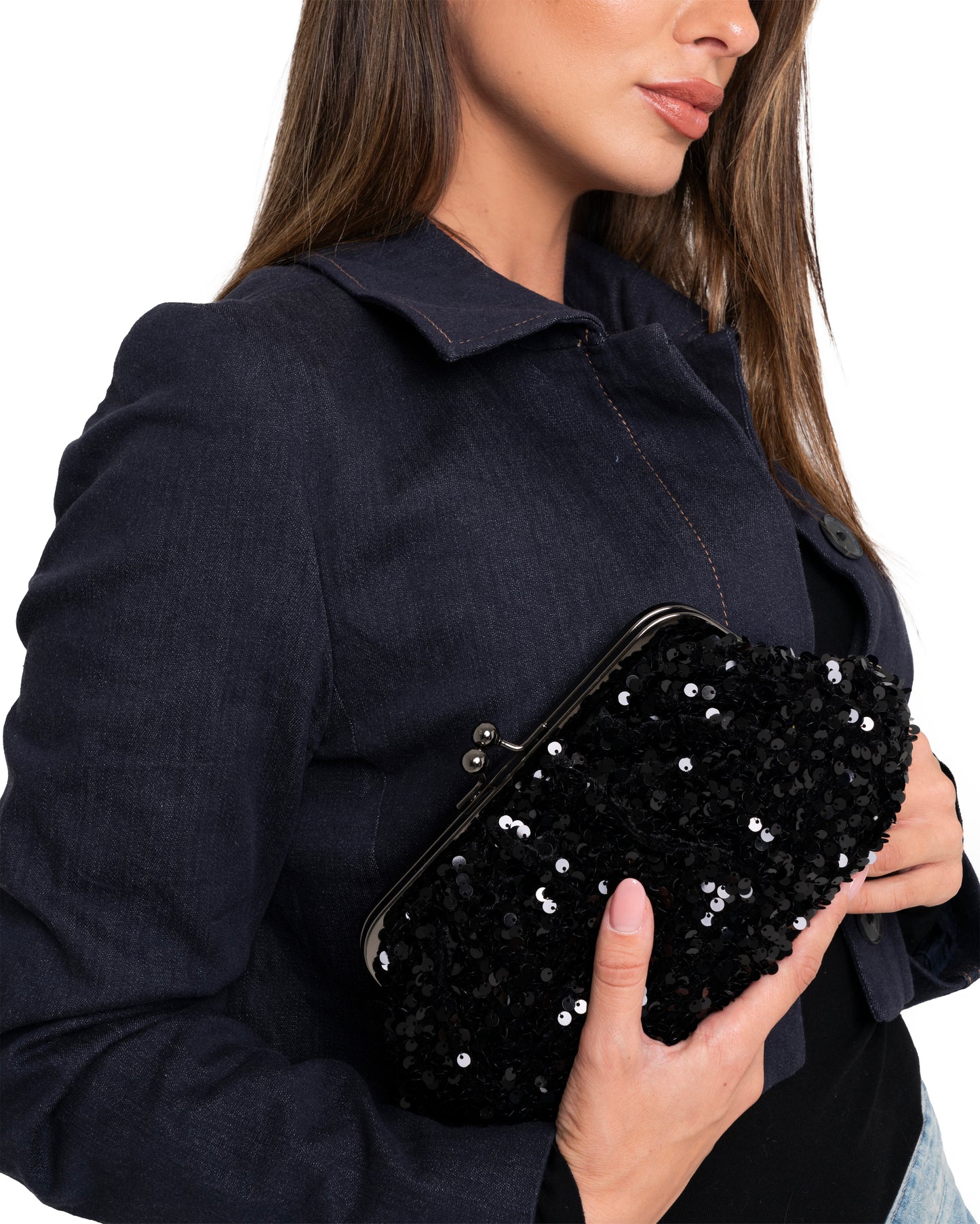 Borsa pochette in paillette nere