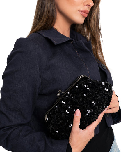 Borsa pochette in paillette nere