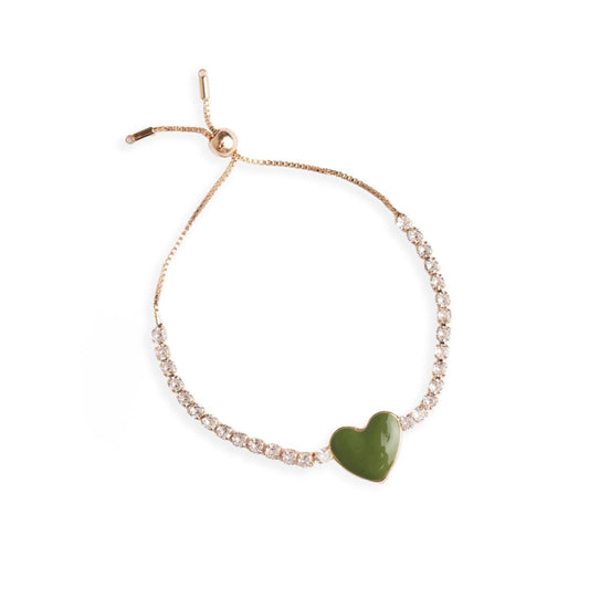 Bracciale sottile con pietre crystal e cuore smaltato verde chiusura Y - Mya Accessories