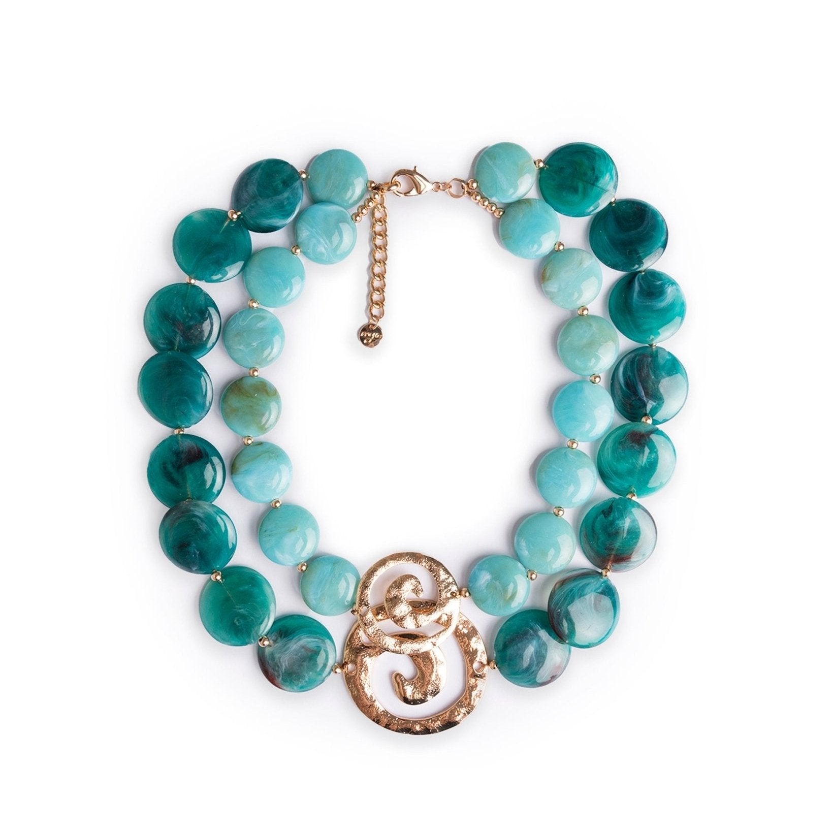 Collana girocollo a due linee con pietre circolari in acrilico tono petrolio, inserti spirale - Mya Accessories