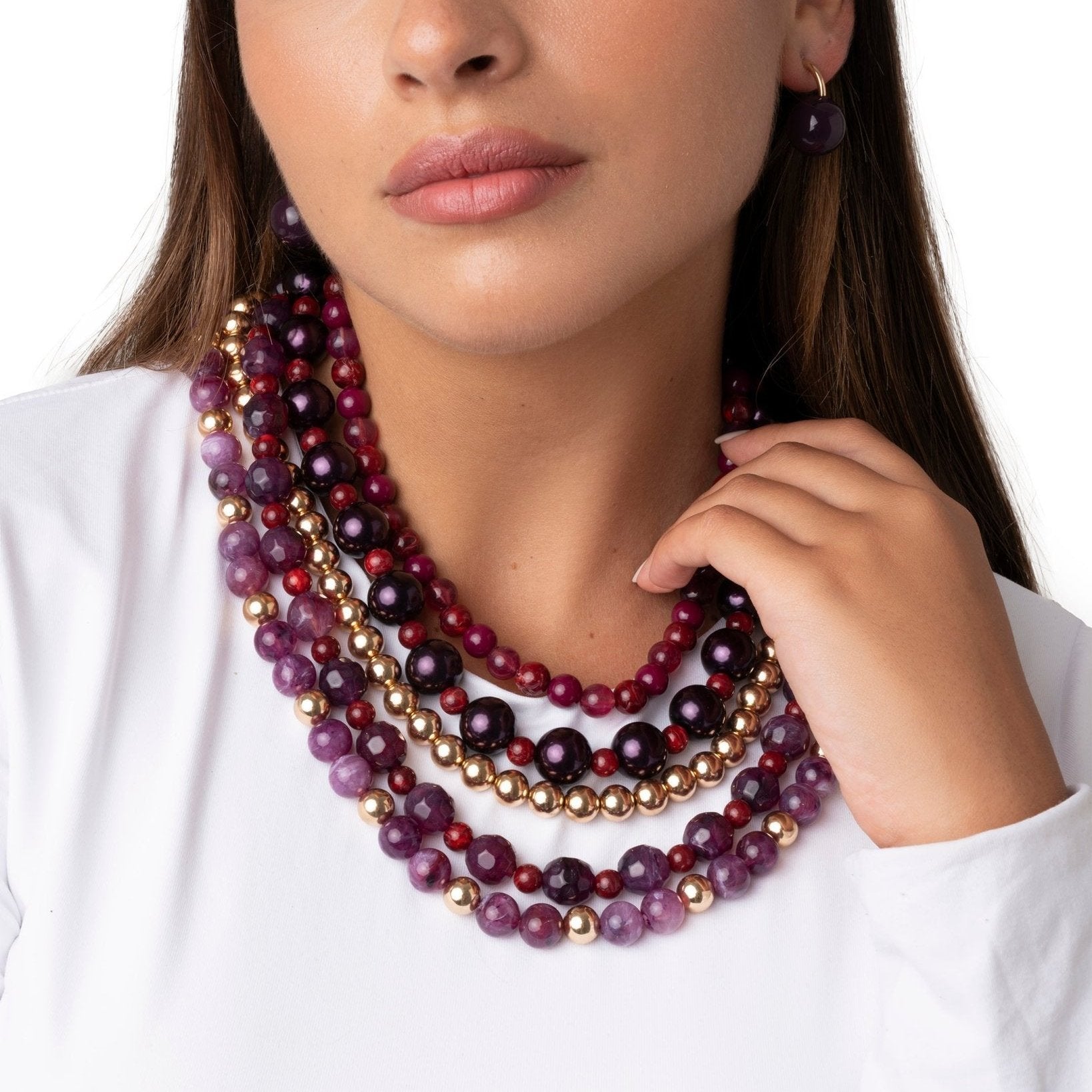 Collana girocollo multilinee con pietre in acrilico viola e rosse - Mya Accessories