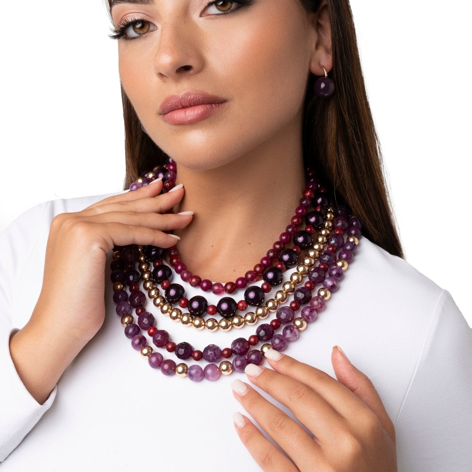 Collana girocollo multilinee con pietre in acrilico viola e rosse - Mya Accessories