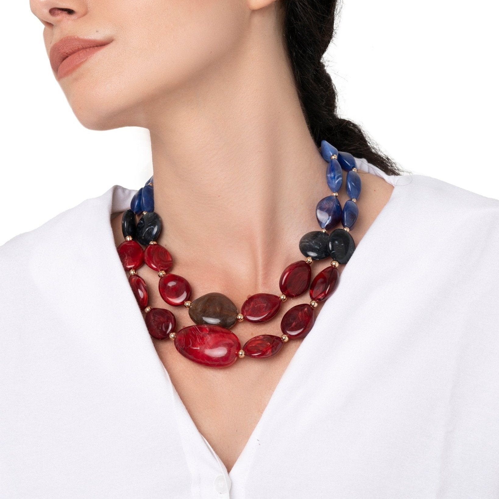 Collana girocollo con due linee di pietre schiacciate in acrilico rosso e blu - Mya Accessories