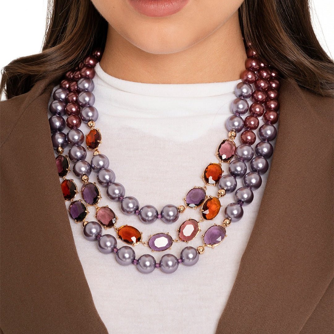 Collana girocollo multilinee con perle in acrilico viola ed ambra - Mya Accessories