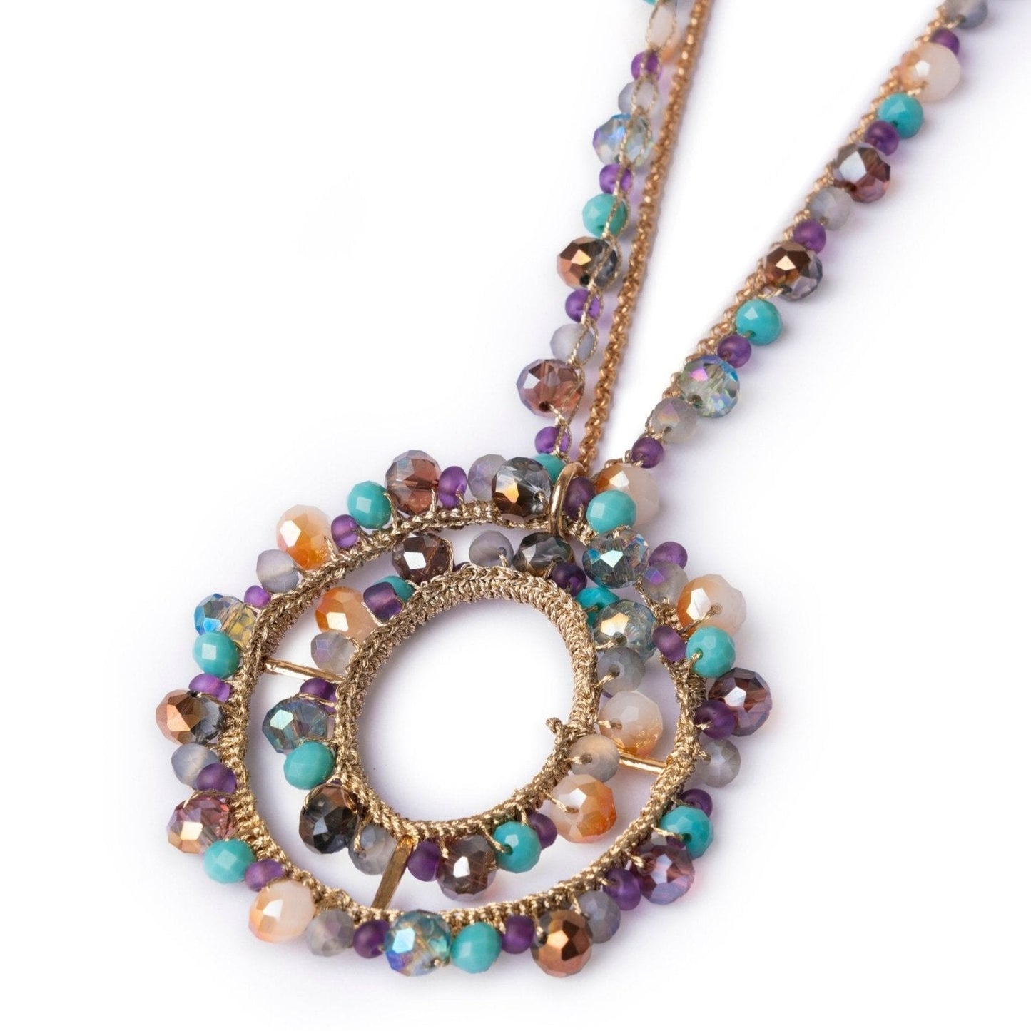 Collana lunga in tessuto con pendente, ricoperto di microcristalli in vetro multicolore - Mya Accessories