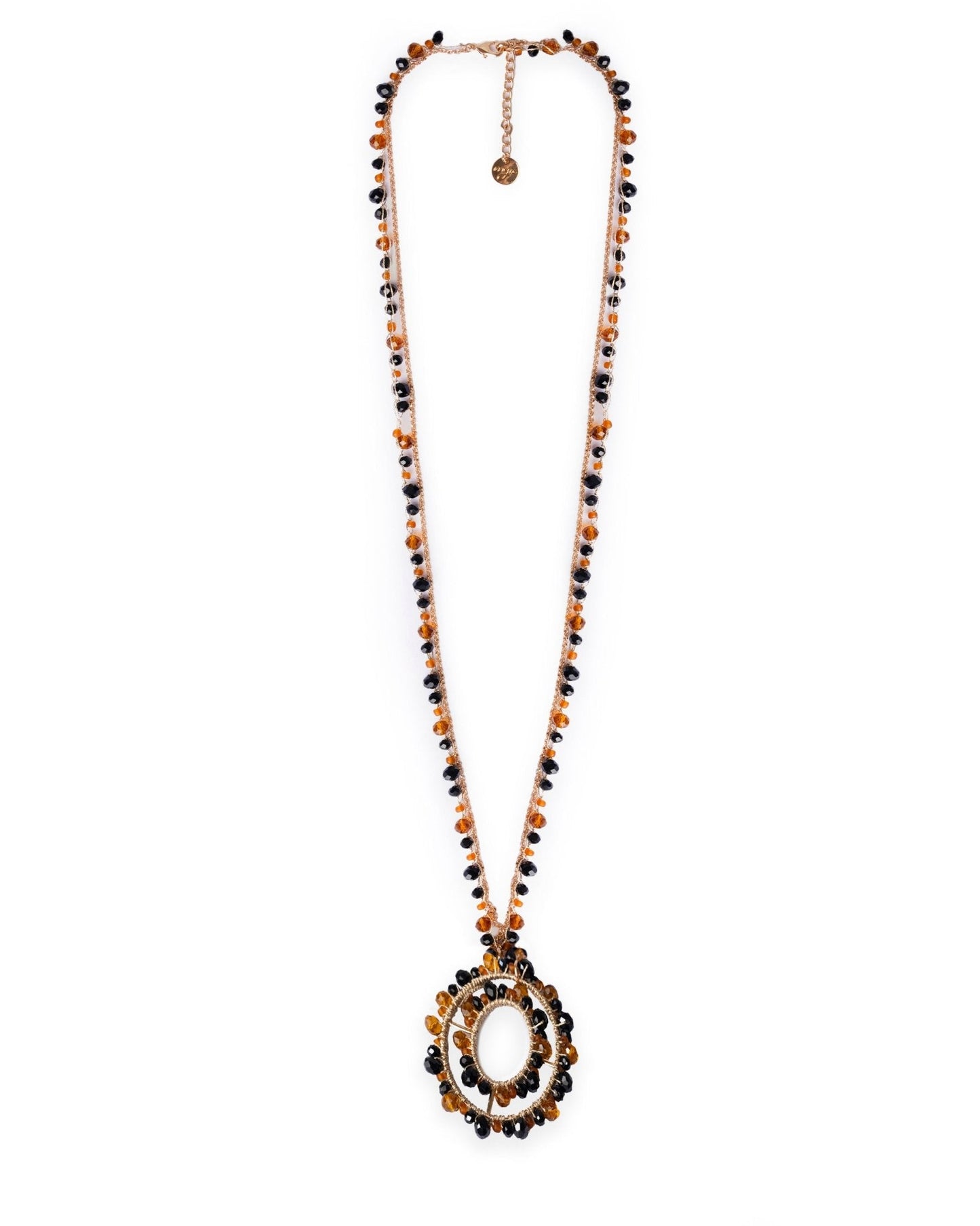 Collana lunga in tessuto con pendente, ricoperto di microcristalli in vetro arancio e nero