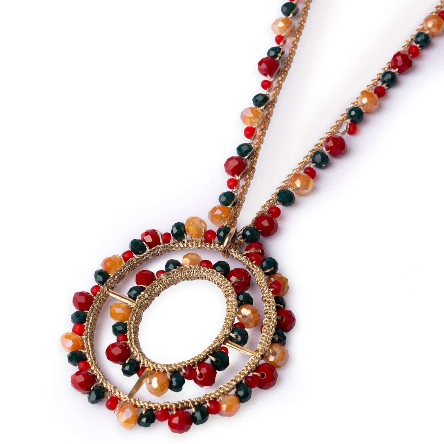Collana lunga in tessuto con pendente, ricoperto di microcristalli in vetro marrone e rosso - Mya Accessories