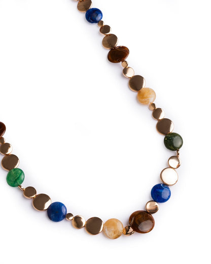 Collana lunga con elementi circolari in metallo ed acrilico verde e blu - Mya Accessories