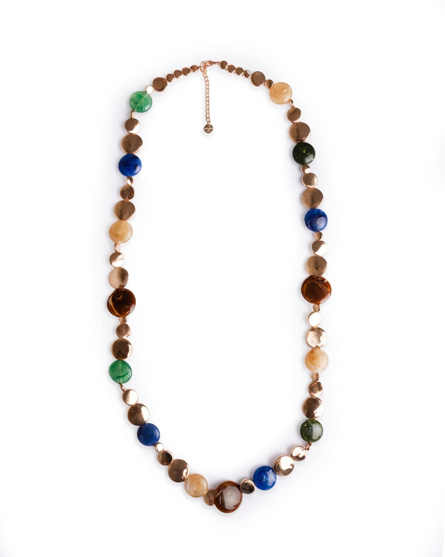 Collana lunga con elementi circolari in metallo ed acrilico verde e blu - Mya Accessories