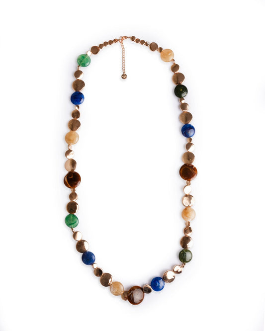 Collana lunga con elementi circolari in metallo ed acrilico verde e blu - Mya Accessories