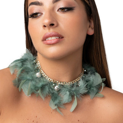 Collana girocollo in metallo con pietre in vetro e piume verde petrolio - Mya Accessories
