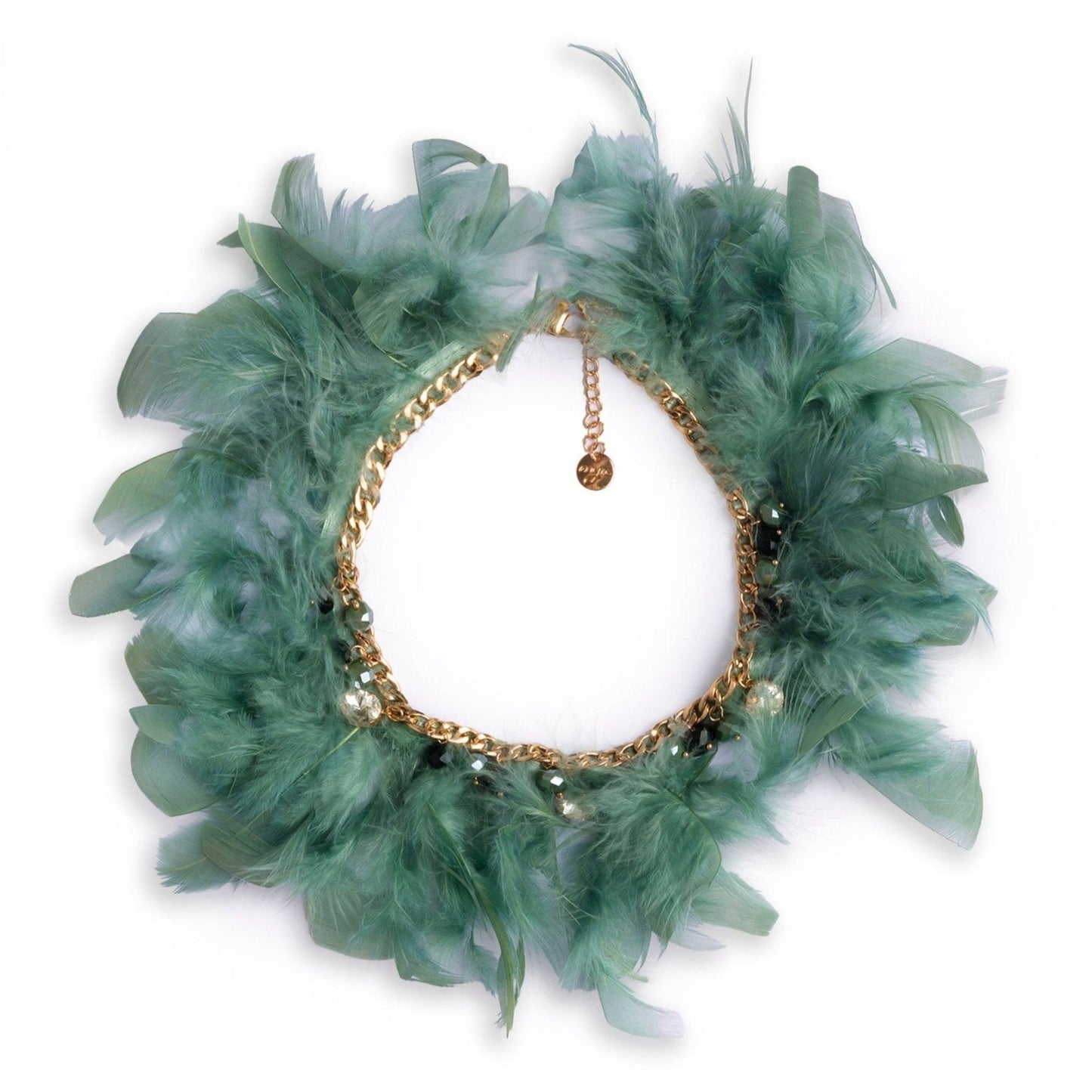 Collana girocollo in metallo con pietre in vetro e piume verde petrolio - Mya Accessories
